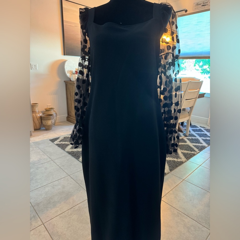 Chic Black Dress with Sheer Polka Dot Sleeves